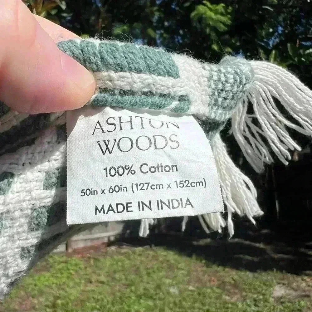 ASHTON WOODS GREEN MULTI THROW BLANKET 100% COTTON 50” x 60” INDIA boho style - Picture 7 of 8